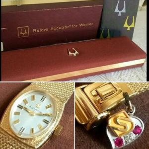 Vintage Bulova 10k Gold Accutron Women's Wristwatch7.5" in Box with Gems